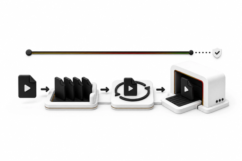 A source video moves through queue, retry, and API fetch stages beneath a signed URL lifetime bar with a protected safety margin.