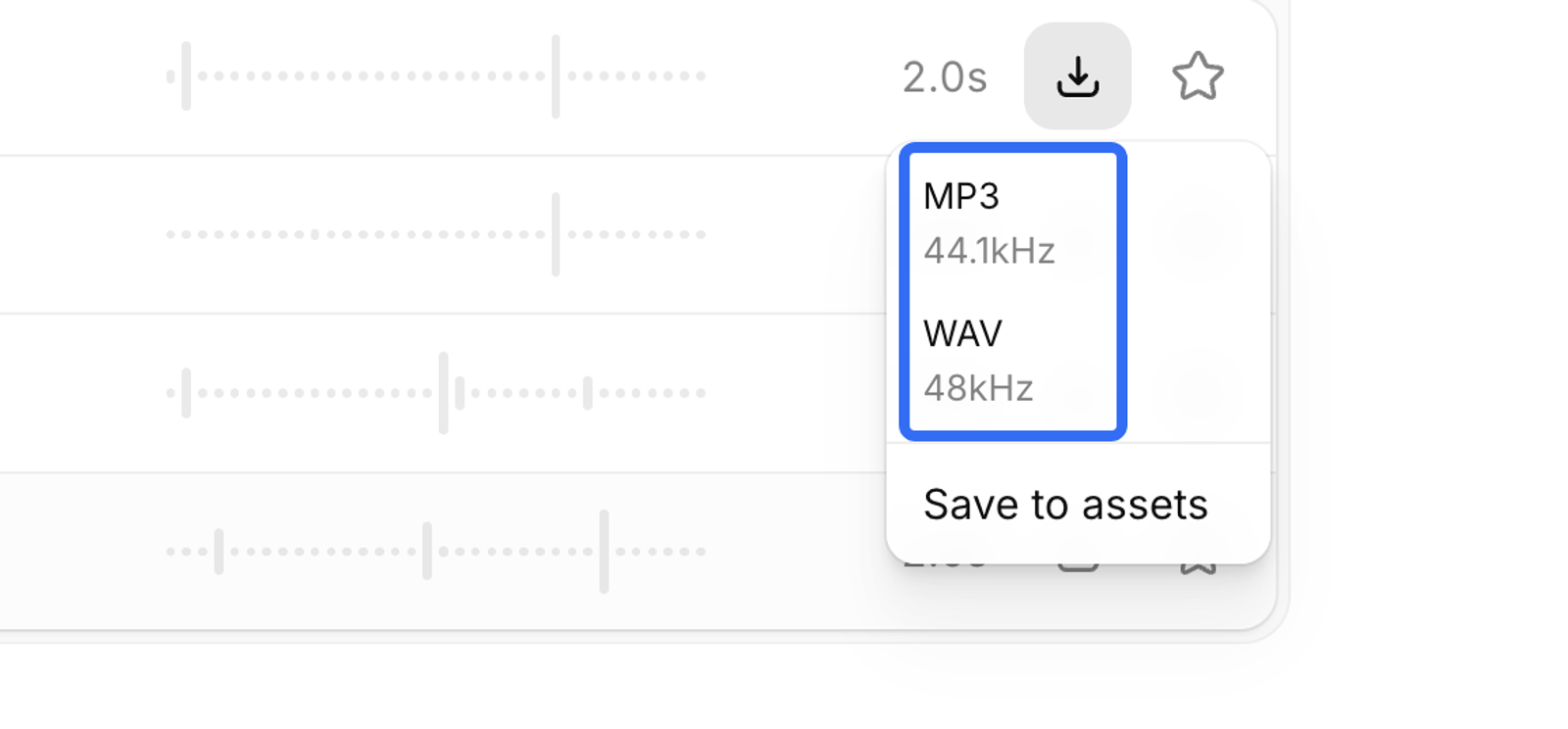 Choosing between MP3 and WAV audio formats when downloading elevenlabs ai sound effects.