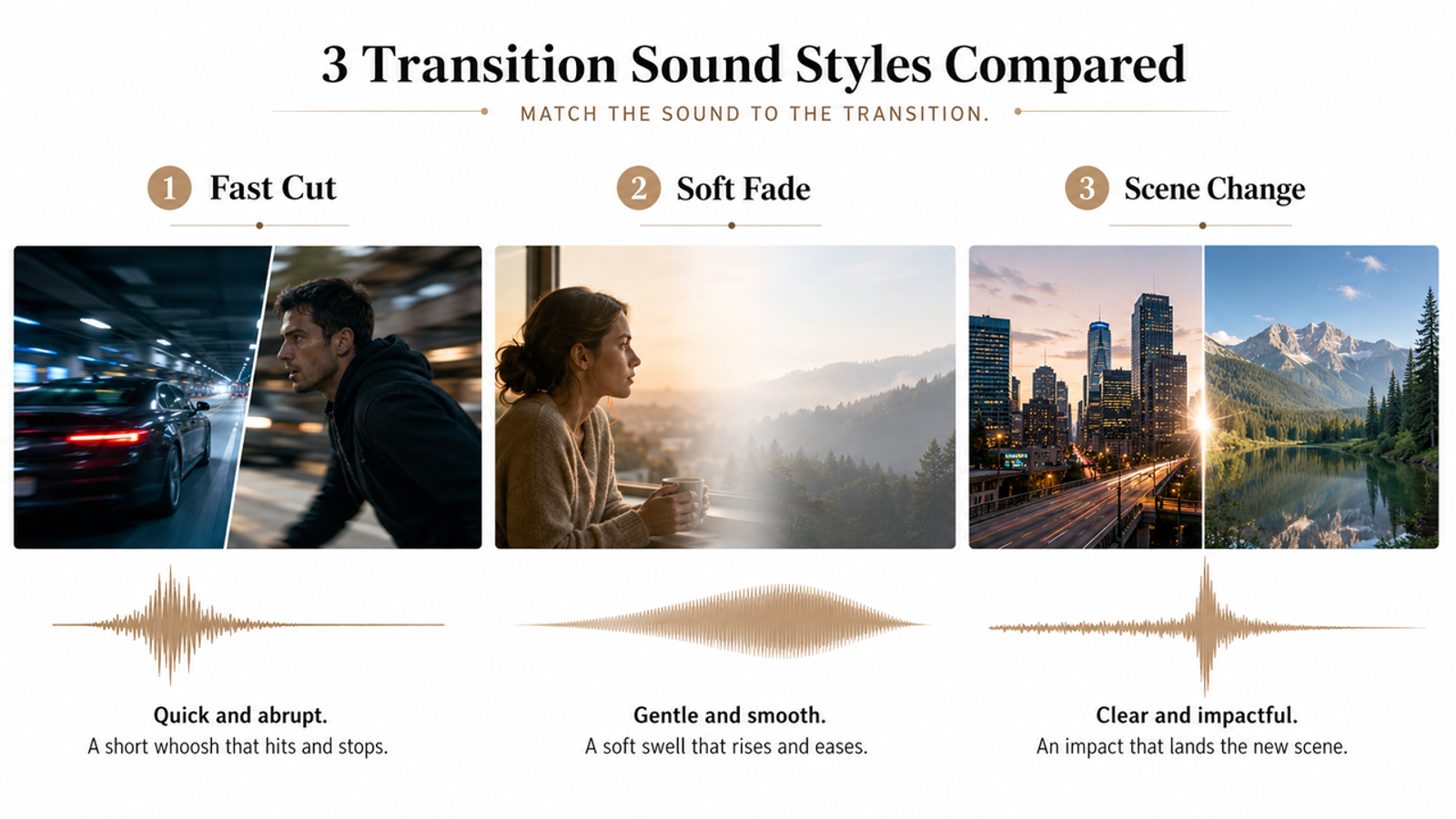 Three diagrams comparing fast cut, soft fade, and scene change transition effect sounds.