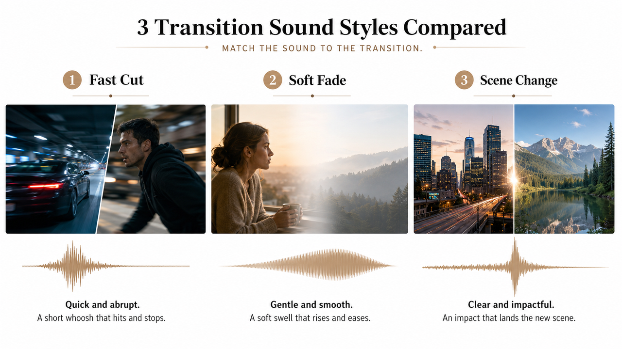 Three diagrams comparing fast cut, soft fade, and scene change transition effect sounds.