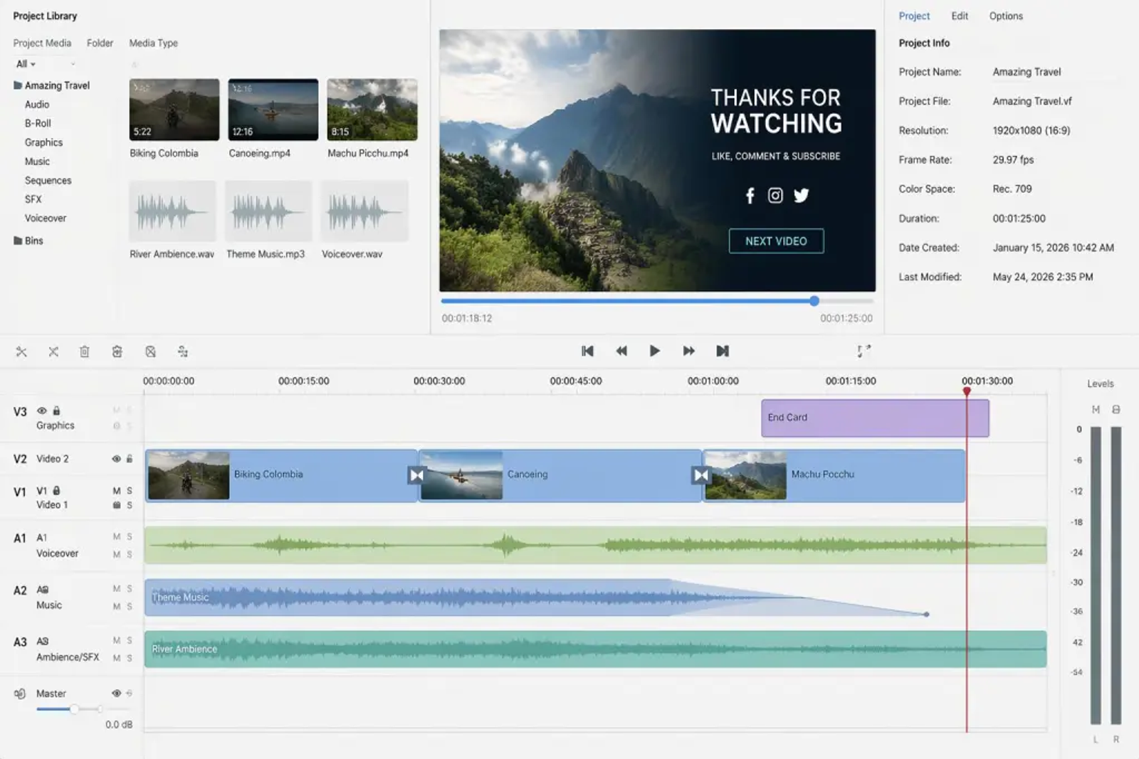A full editor project with music track A2 showing how to add audio fade out to video.