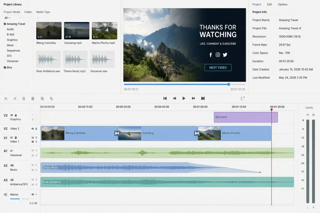 A full editor project with music track A2 showing how to add audio fade out to video.