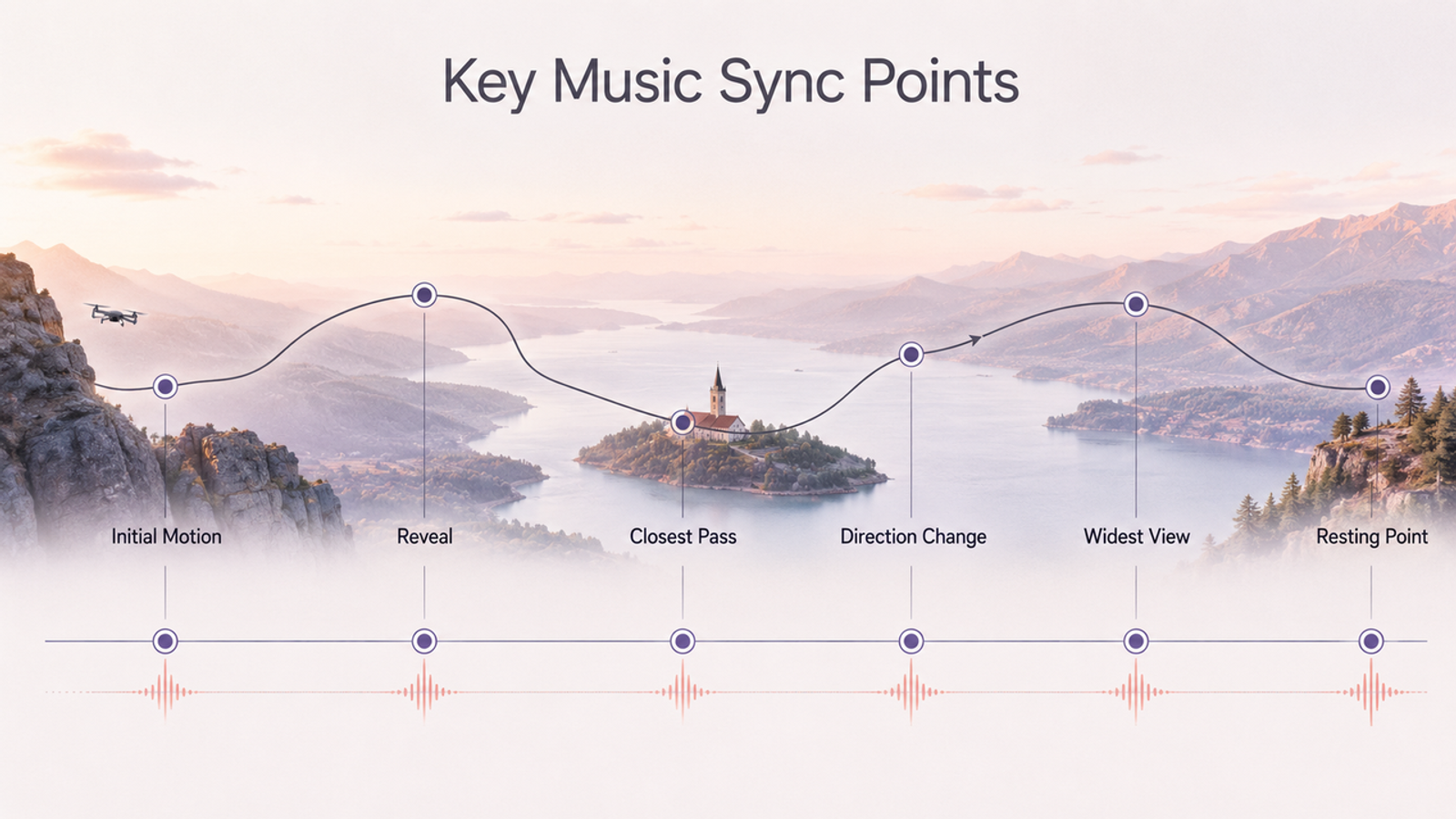 Diagram illustrating key sync points along a flight path to perfectly time your selected music for drone videos to motion.