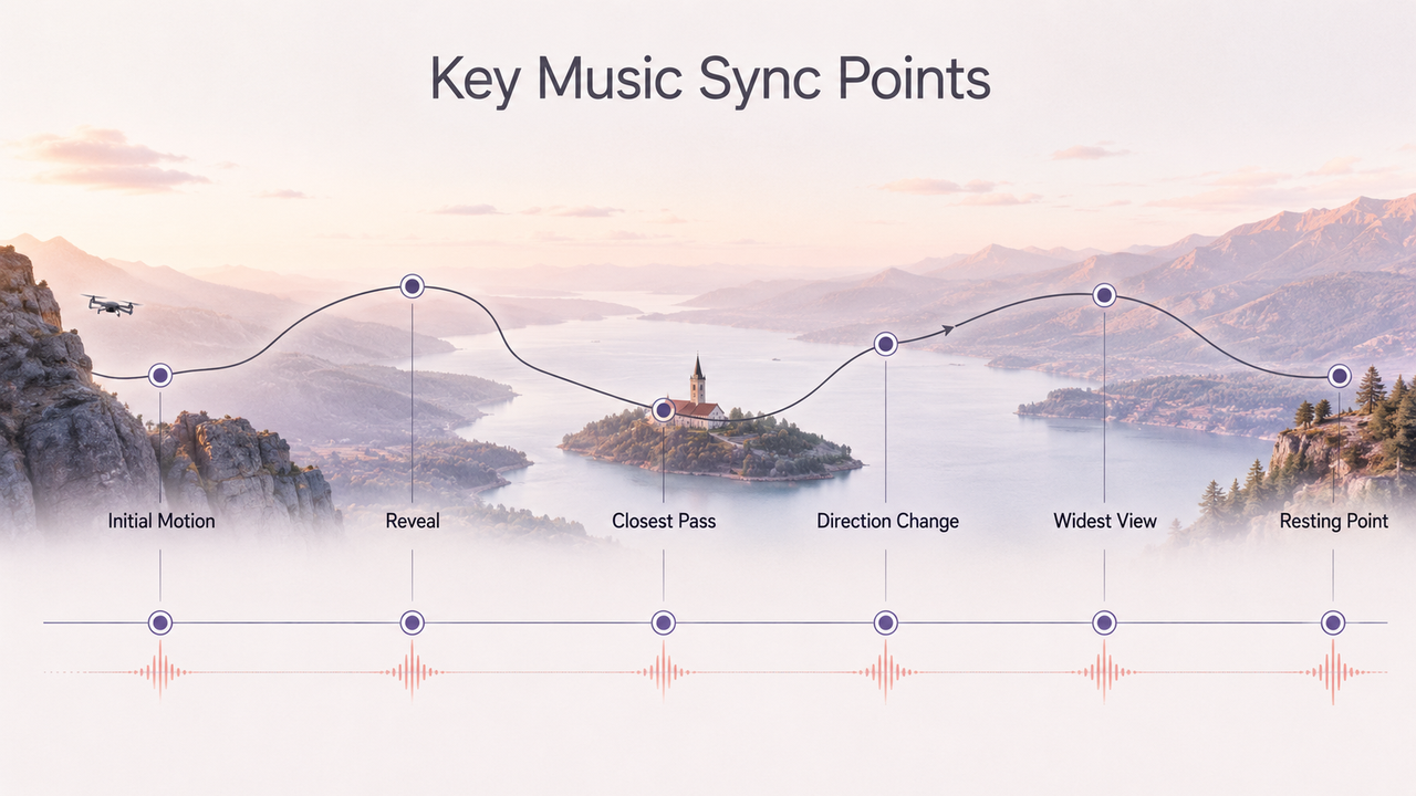 Diagram illustrating key sync points along a flight path to perfectly time your selected music for drone videos to motion.