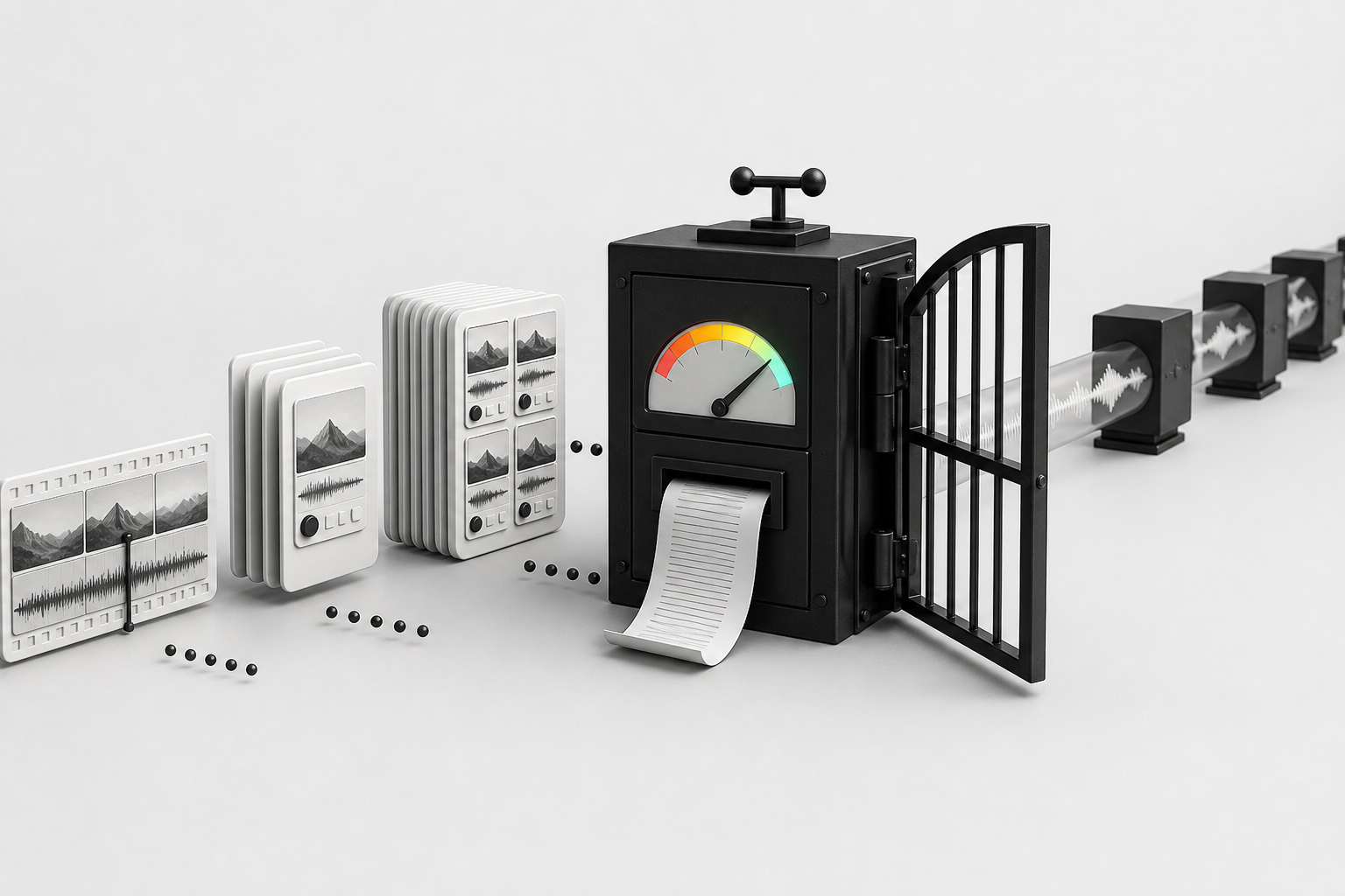 A black mechanical cost calculator receives video and job cards, prints an estimate, and opens a gate before an audio waveform pipeline.
