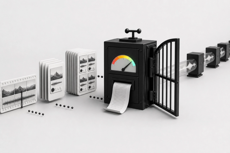A black mechanical cost calculator receives video and job cards, prints an estimate, and opens a gate before an audio waveform pipeline.