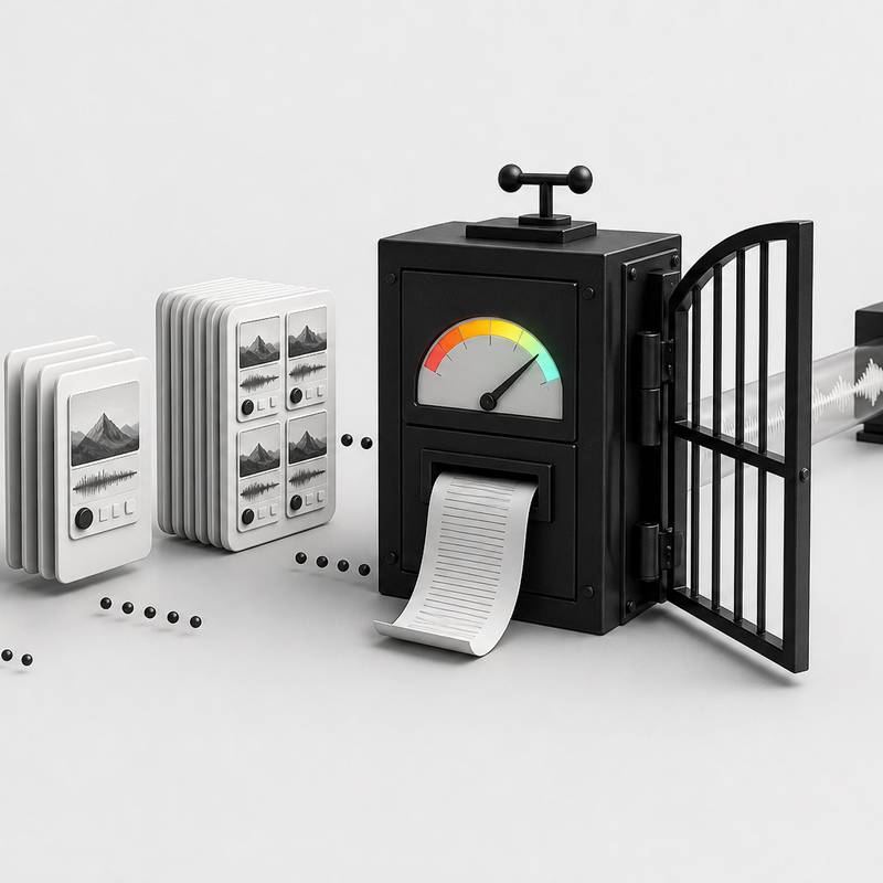 A black mechanical cost calculator receives video and job cards, prints an estimate, and opens a gate before an audio waveform pipeline.