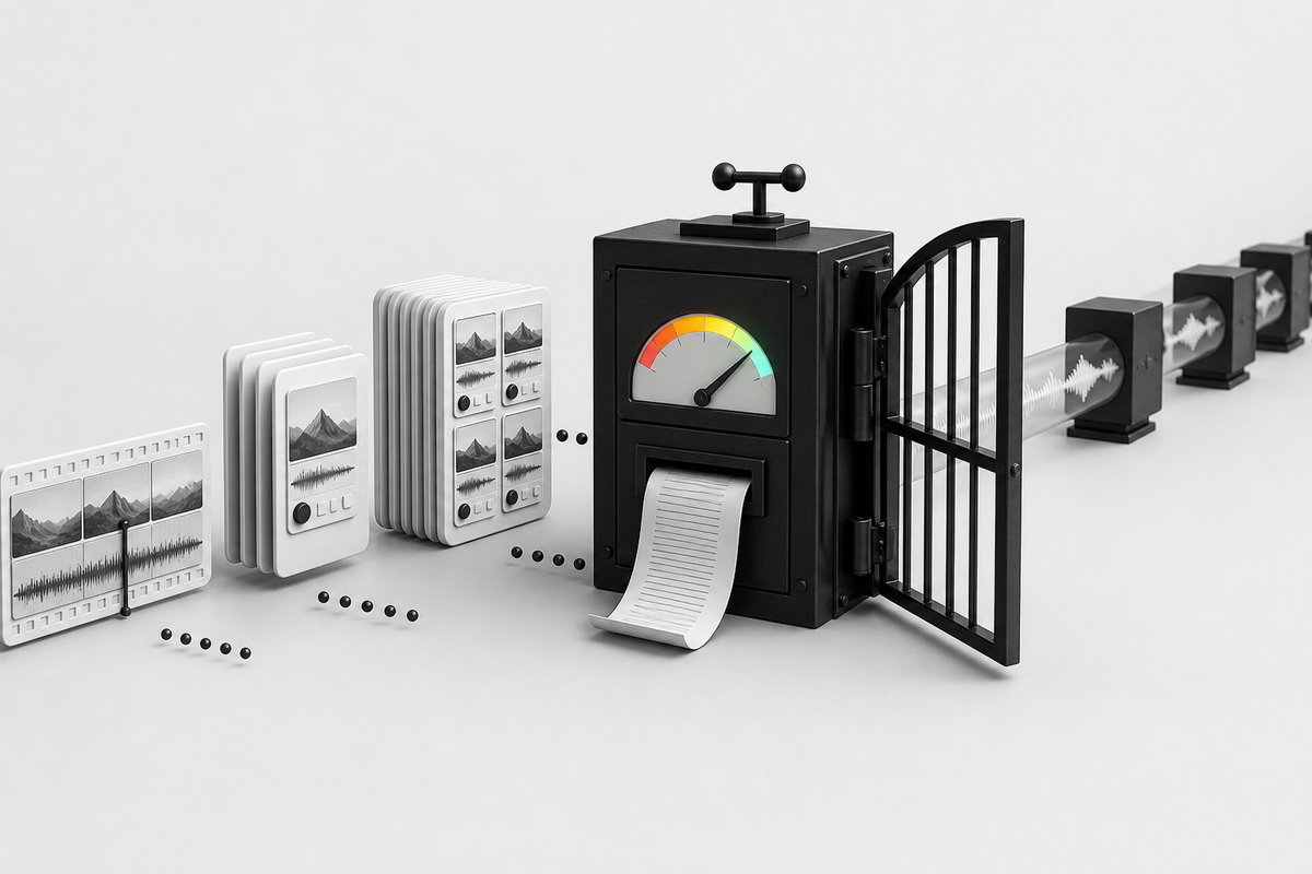 A black mechanical cost calculator receives video and job cards, prints an estimate, and opens a gate before an audio waveform pipeline.