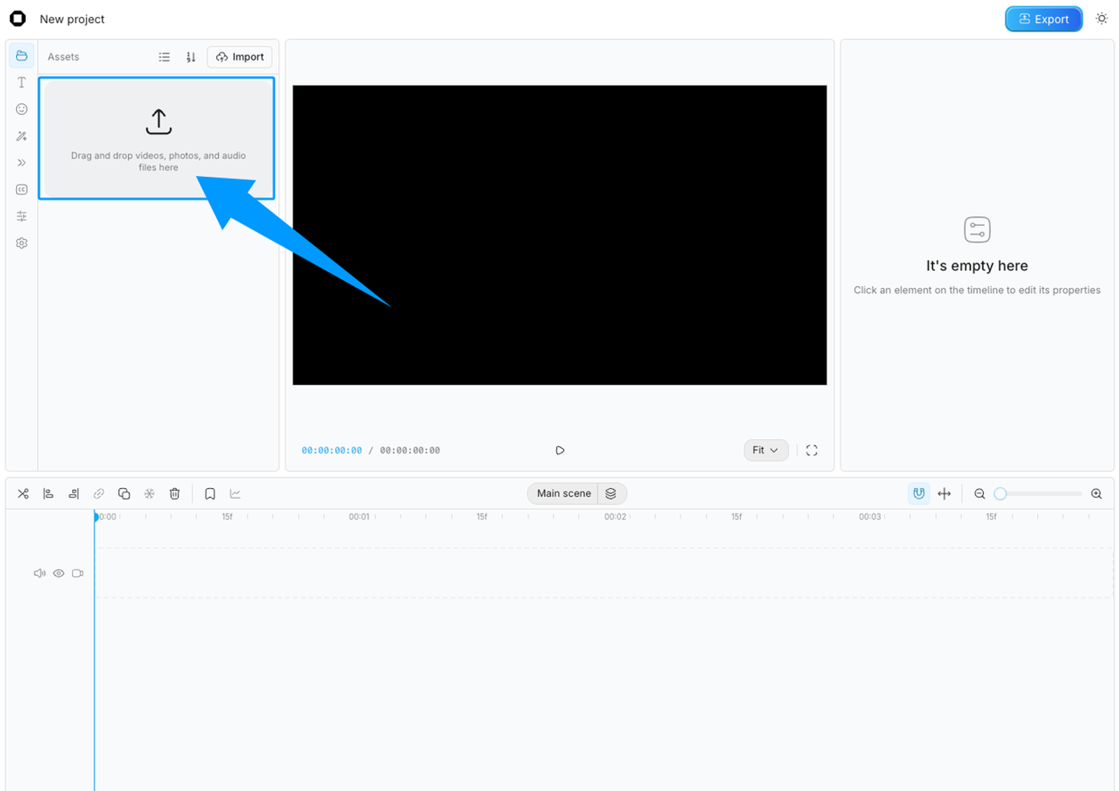 Video editor interface showing the OpenCut music workflow for importing audio and starting a project.