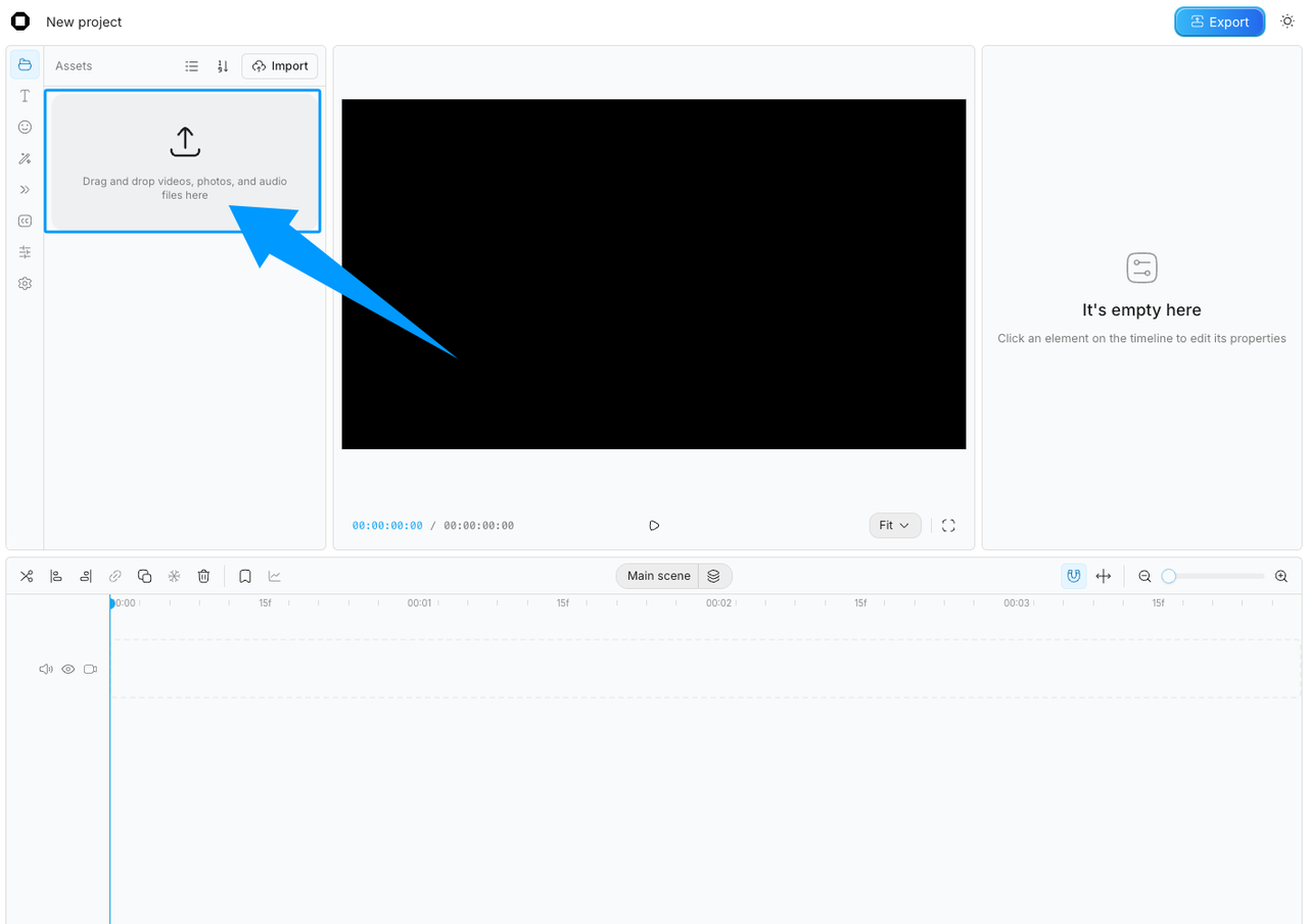 Video editor interface showing the OpenCut music workflow for importing audio and starting a project.