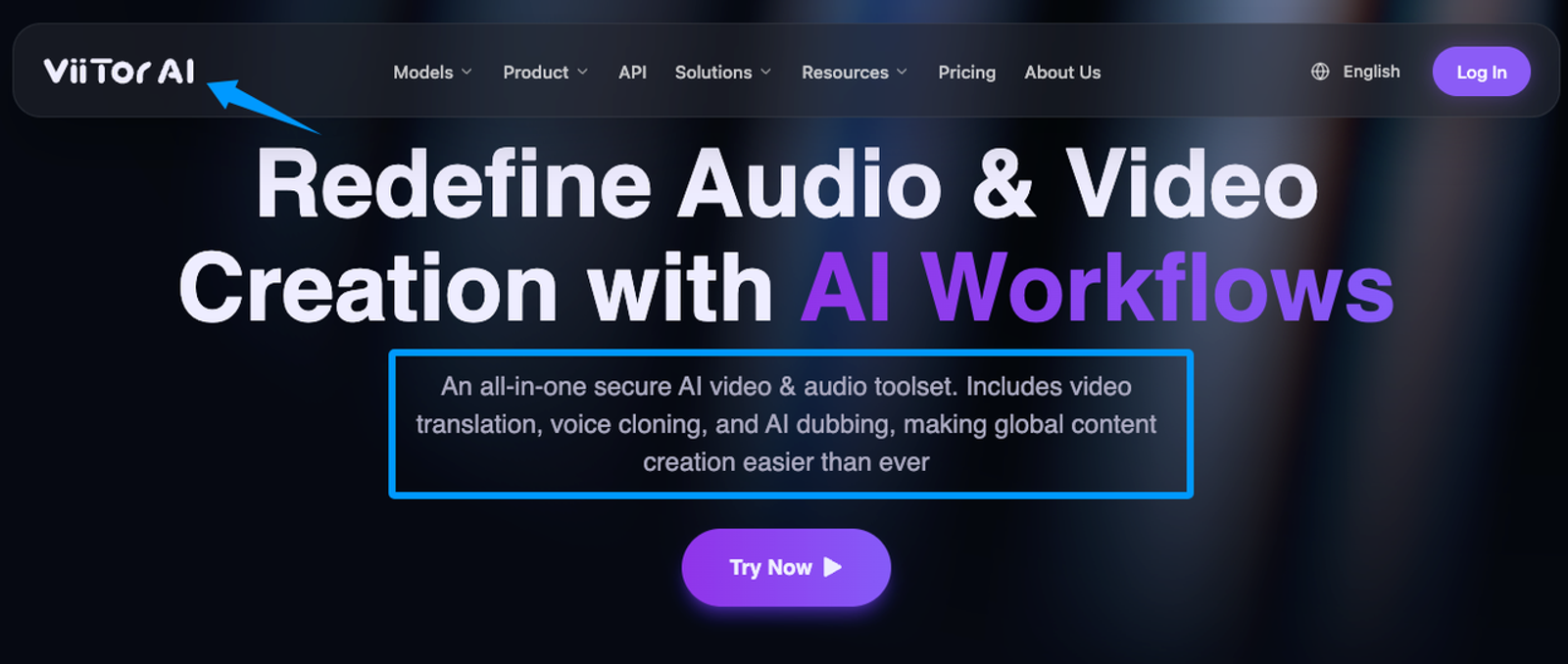 ViiTorVoice platform homepage showcasing AI workflows to redefine audio and video creation effortlessly.