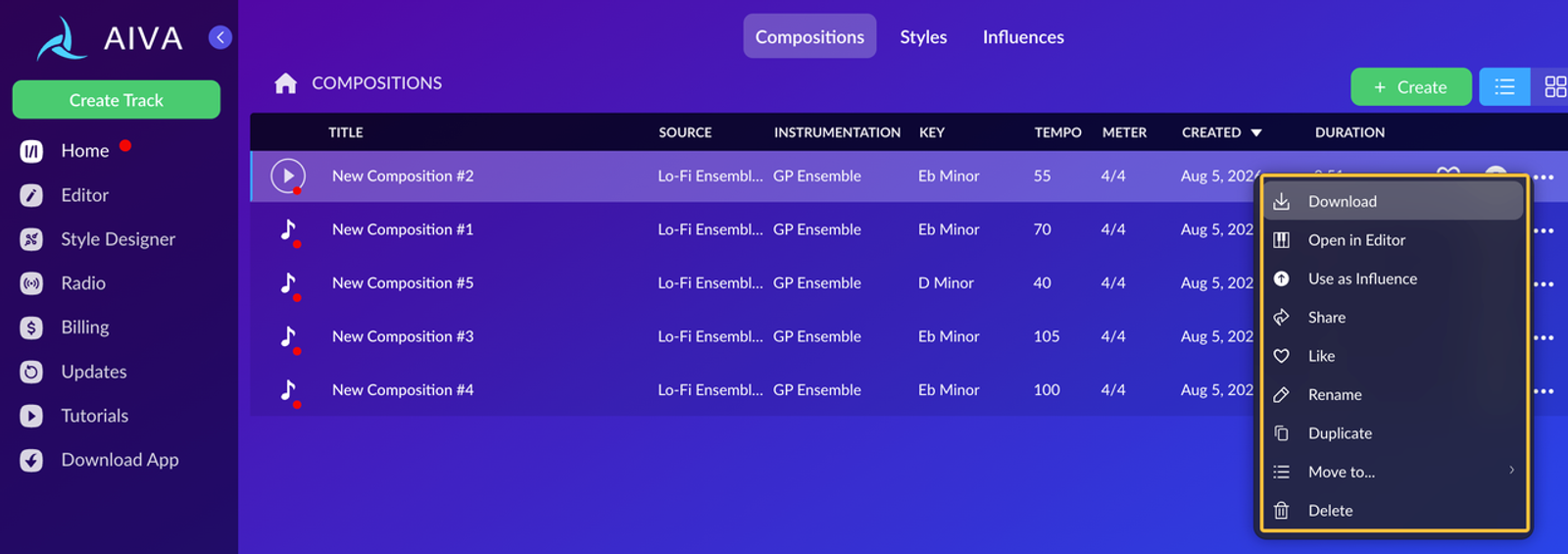 Manage your compositions in the AIVA AI music generator to download, edit, or share your newly generated audio tracks.