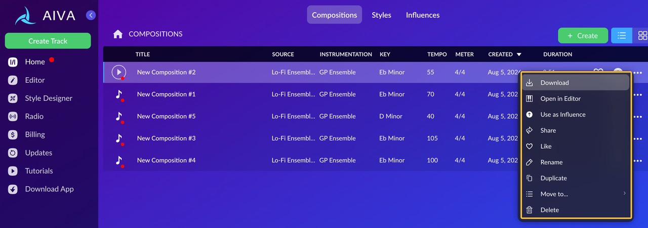 Manage your compositions in the AIVA AI music generator to download, edit, or share your newly generated audio tracks.