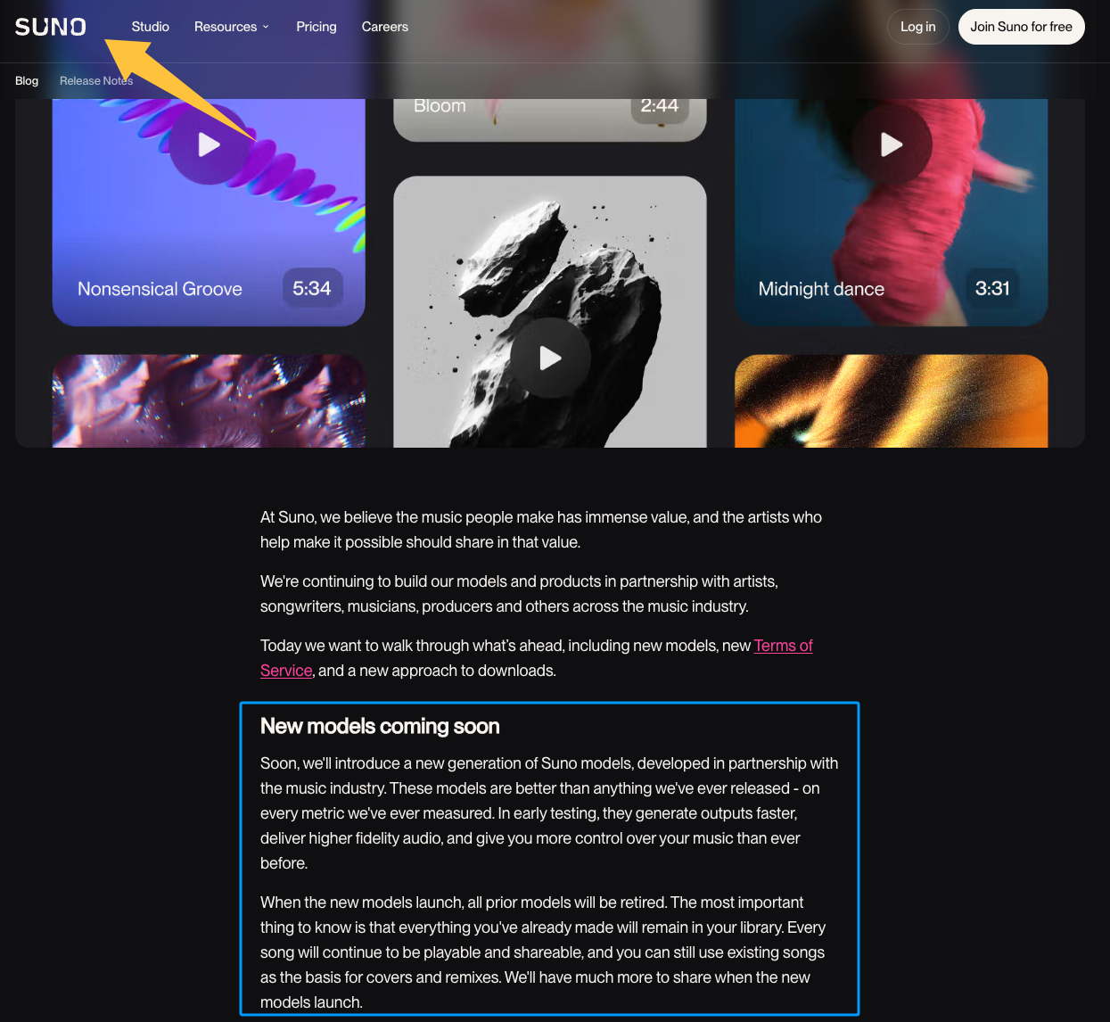 Suno blog screenshot with arrow pointing to Studio. Highlights text on upcoming faster, high-fidelity Suno v6 video models.