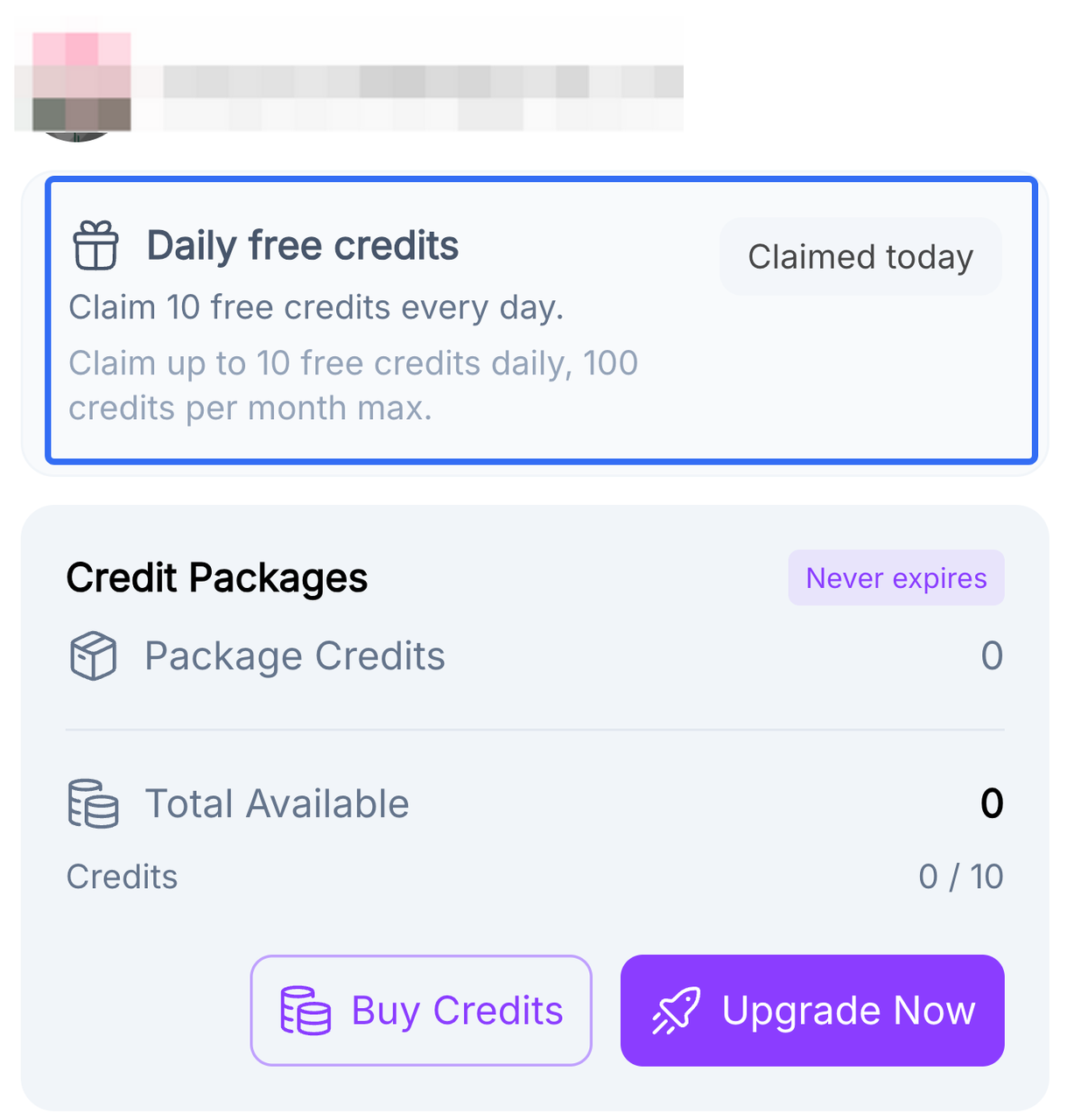 Daily free credits and credit packages dashboard inside the Remusic AI music generator for users to track their usage.