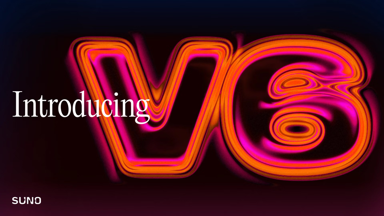 Glowing introducing v6 graphic for the new AI music model, a key visual when comparing suno v6 vs v6 mini features.