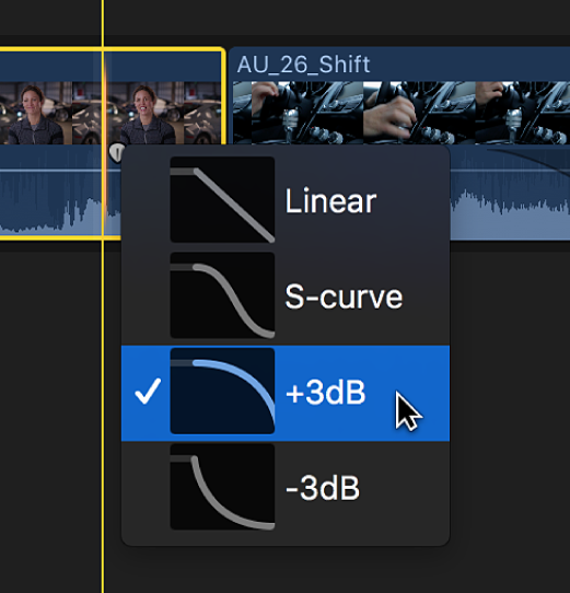 Close-up of a Premiere menu selecting different curve types to add audio fade out to video.