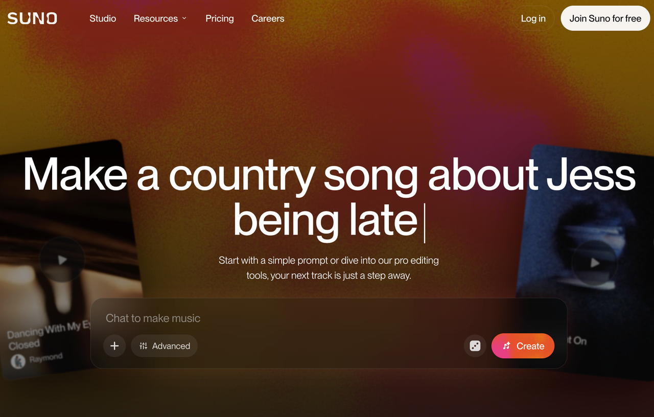 Suno v6 vs v5.5 interface showing a simple text prompt to generate country music tracks.