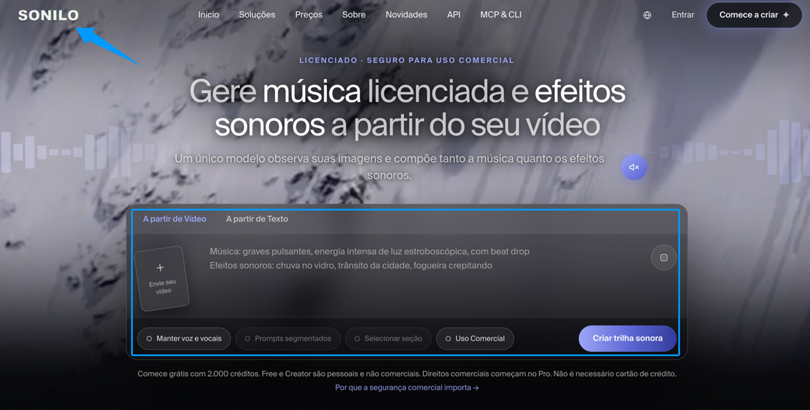 Interface do site Sonilo, uma excelente alternativa ao Suno v5.5 para gerar músicas licenciadas e efeitos para vídeos.