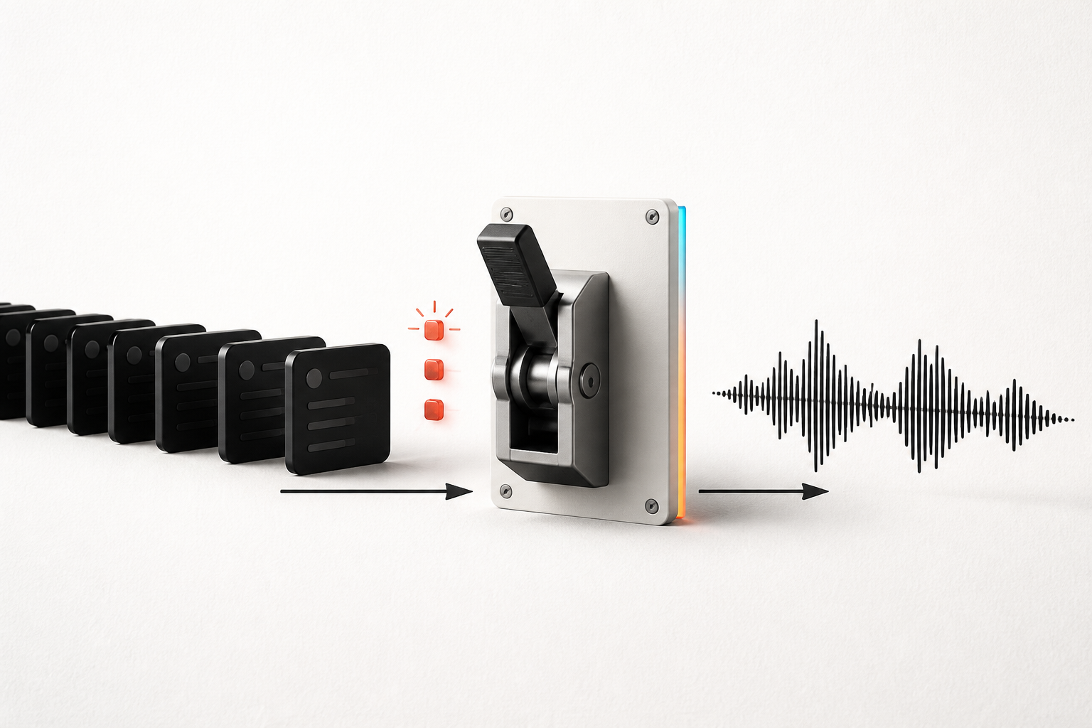 A black-and-white circuit breaker diagram opens between a queue of AI music jobs and an audio waveform after repeated red failure signals.