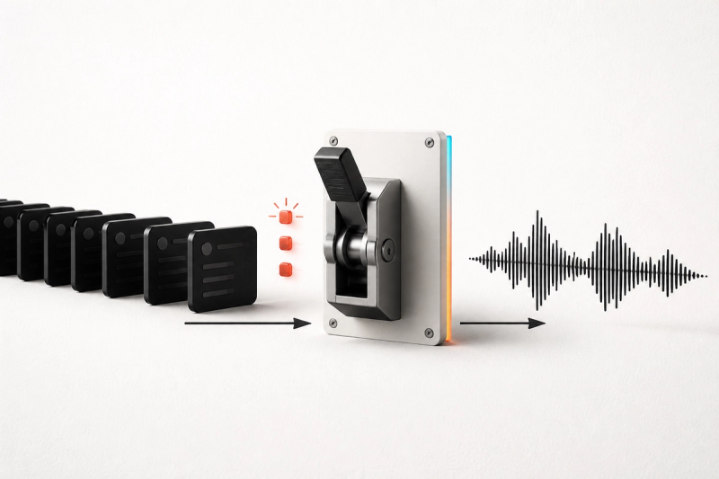 A black-and-white circuit breaker diagram opens between a queue of AI music jobs and an audio waveform after repeated red failure signals.