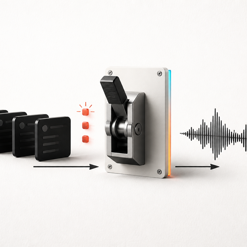 A black-and-white circuit breaker diagram opens between a queue of AI music jobs and an audio waveform after repeated red failure signals.