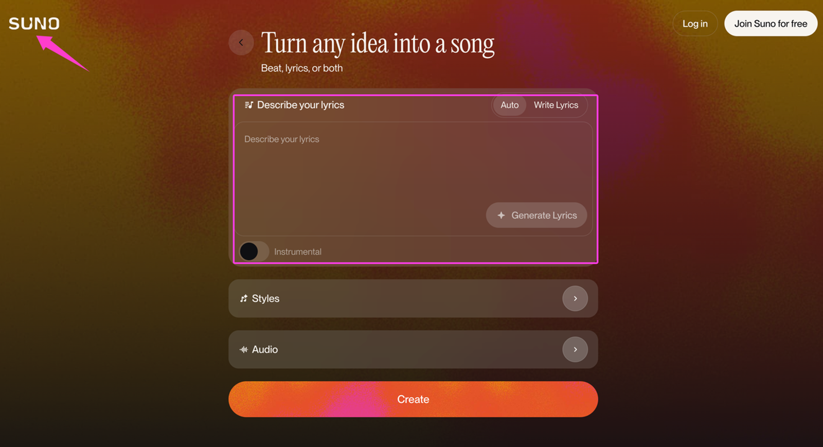 Looking at the Suno vs ACE Studio workflow, here is the Suno dashboard for turning lyrical ideas into full AI songs.