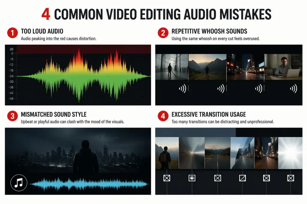 An infographic listing common video editing audio mistakes, like misused transition effect sound.