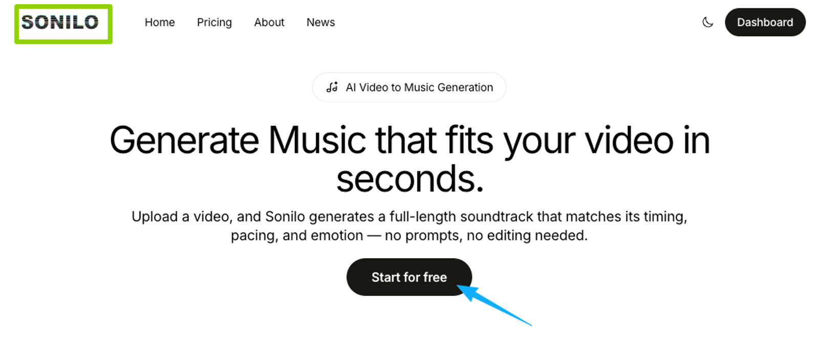 Click start for free on Sonilo to effortlessly add music to video online with AI matching the video's exact pacing.