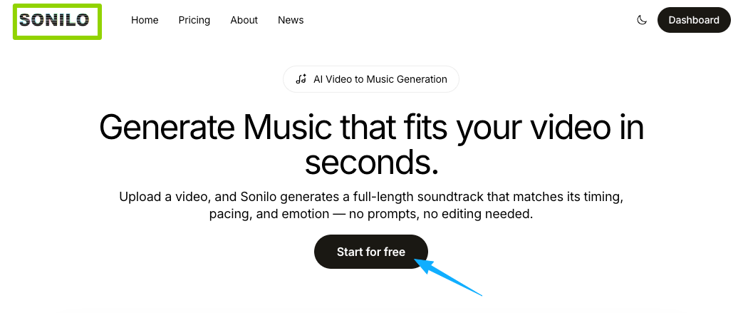 Click start for free on Sonilo to effortlessly add music to video online with AI matching the video's exact pacing.