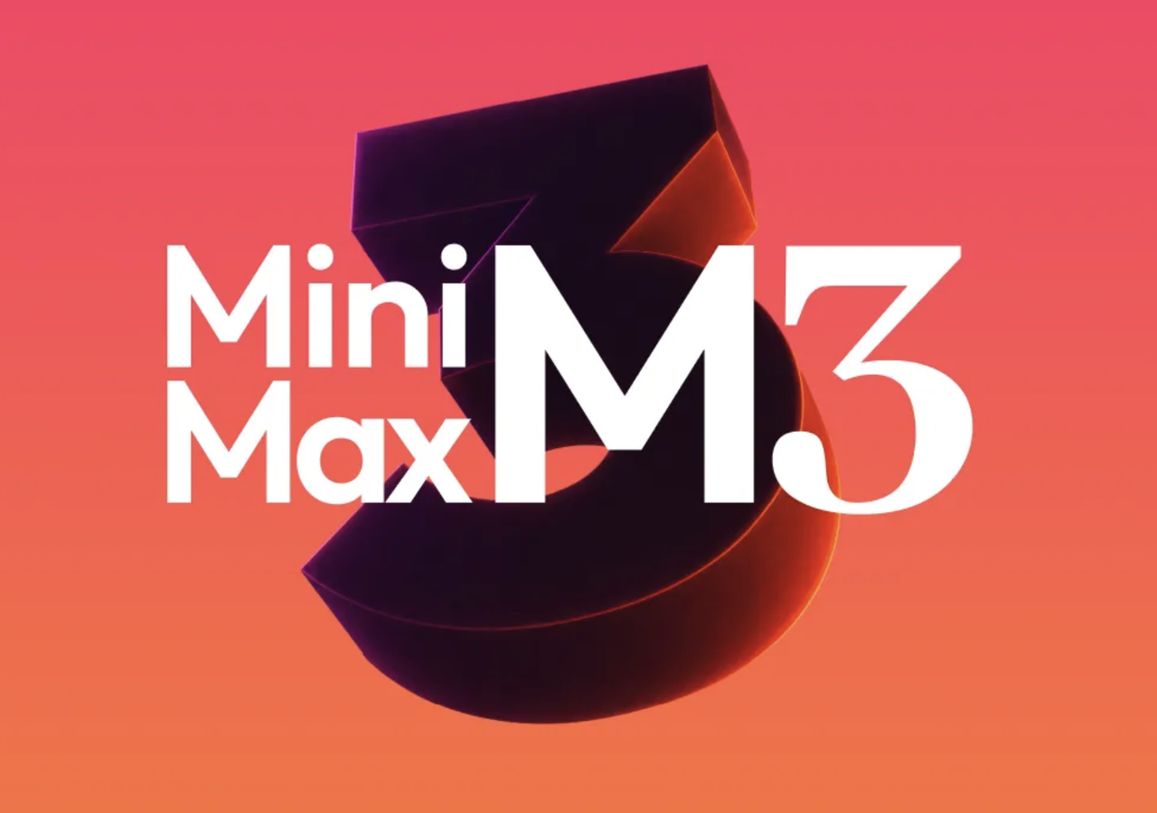 Promotional logo graphic on a red-to-orange gradient displaying bold typography for "MiniMax M3" interwoven with a large 3D numeral 3.