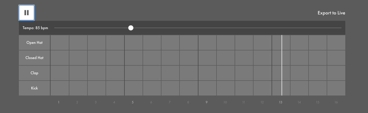 Music production software interface showing how to make a melody with drum sequencer grid, Open Hat, Closed Hat, Clap and Kick tracks at 85 bpm tempo, playhead on step 13 in DAW