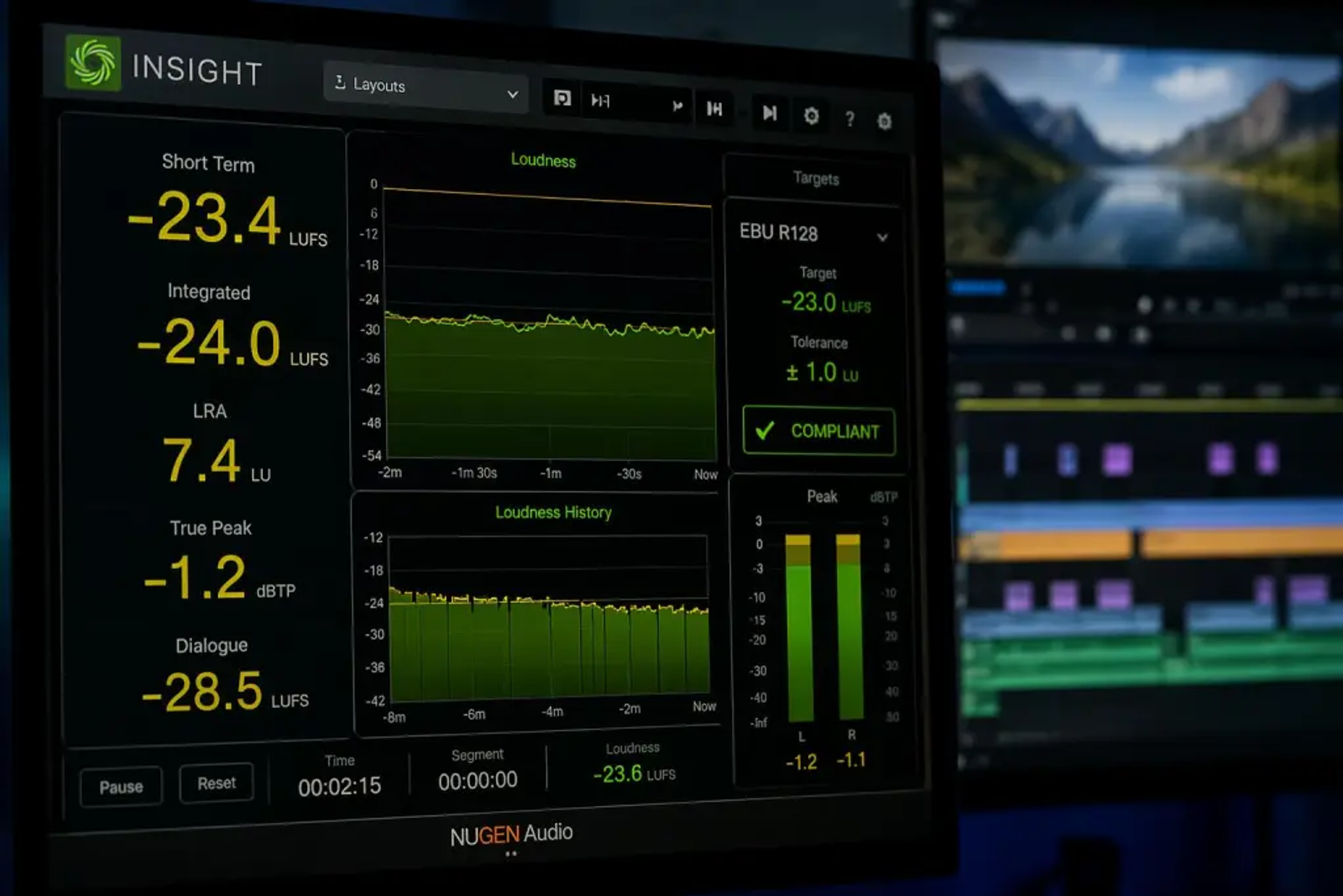 Professional loudness metering software used to analyze and master generated AI music from video projects.
