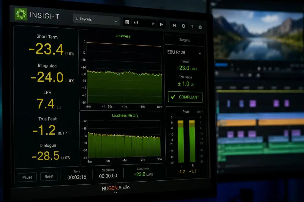 Professional loudness metering software used to analyze and master generated AI music from video projects.