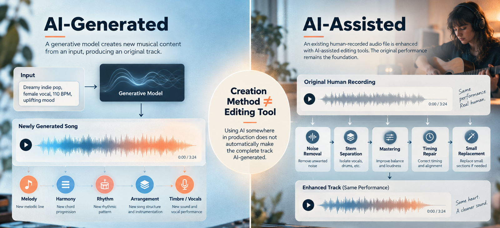 An infographic showing what is AI generated music compared to AI-assisted human tracks.