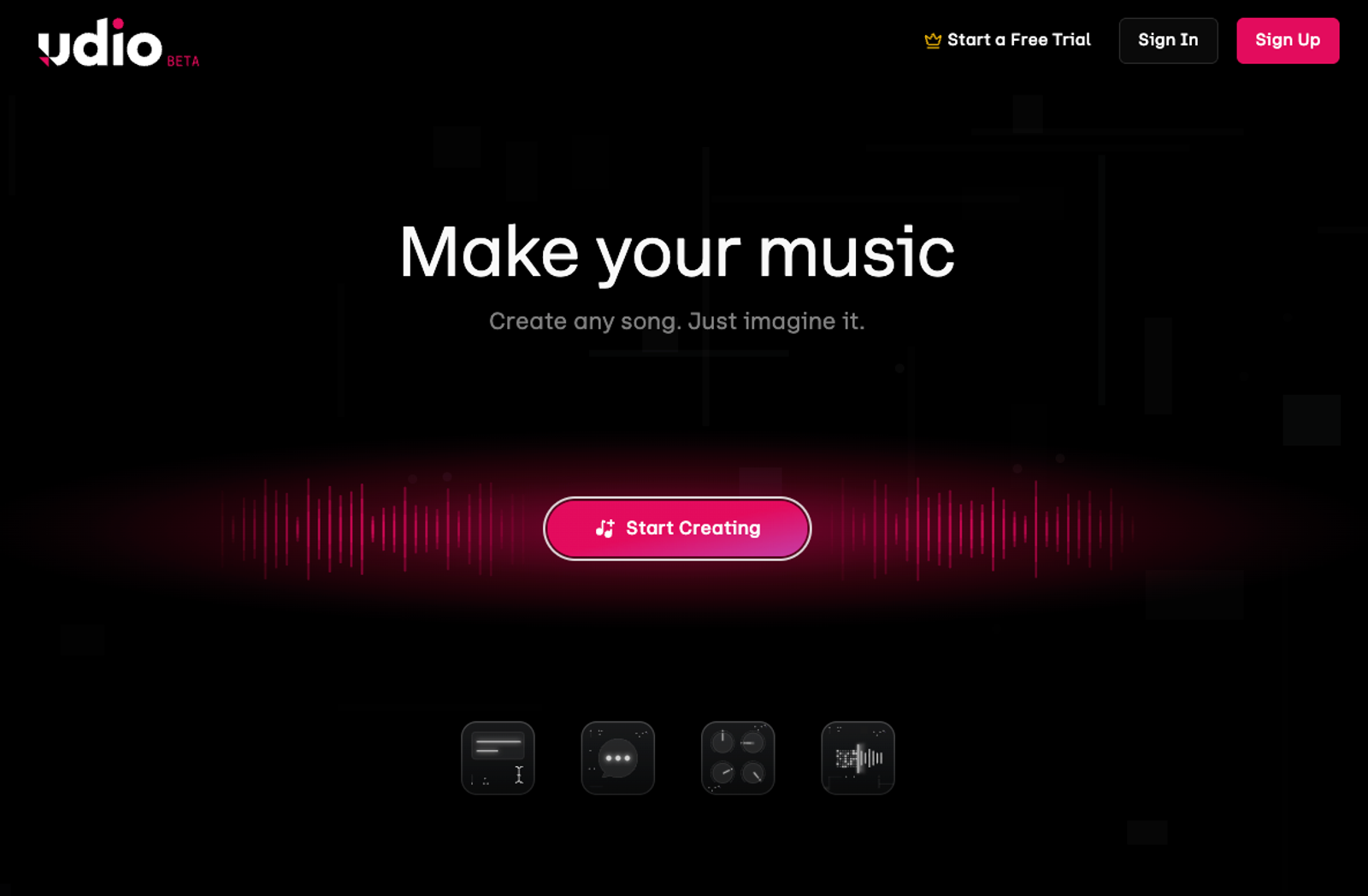 The dark-themed Udio beta homepage with a start creating button, analyzed in our lyria 3 pro vs udio review.