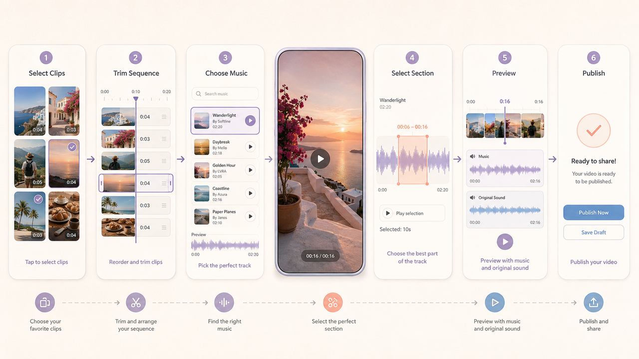 A mobile UI step-by-step workflow showing how to make a video in instagram with music easily.