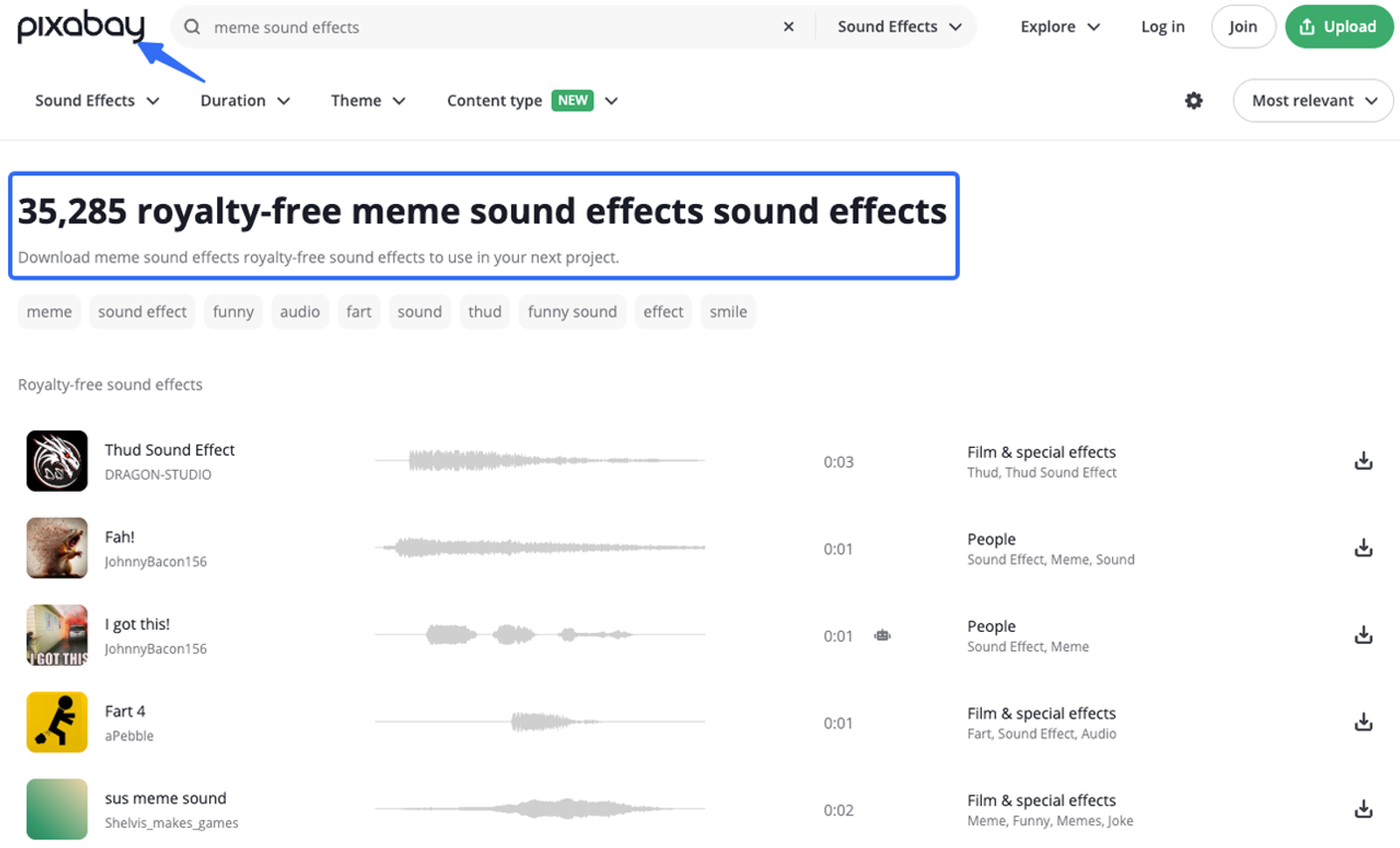 Pixabay database displaying thousands of royalty free meme sound effects to download.