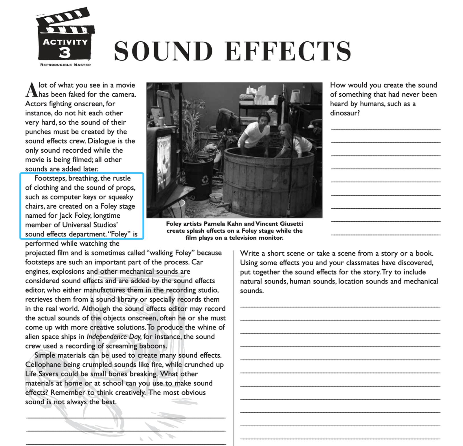 Learn about foley artist sound effects creation, featuring professionals making splash sounds in a studio water tub.