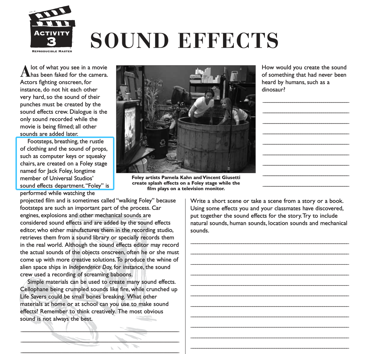 Learn about foley artist sound effects creation, featuring professionals making splash sounds in a studio water tub.
