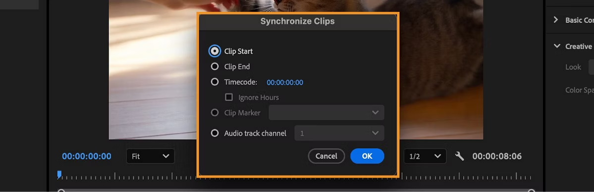 Adobe Premiere Pro synchronize clips dialog box used to easily combine video with audio.