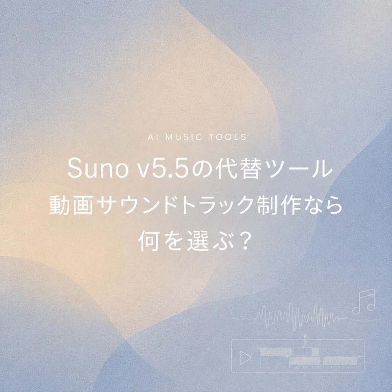 「Suno v5.5の代替ツール」をテーマにしたアイキャッチ画像です。動画のサウンドトラック制作において、Suno v5.5以外にどのようなAI音楽生成ツールを選ぶべきか、クリエイター向けの選択肢と最新情報について解説しています