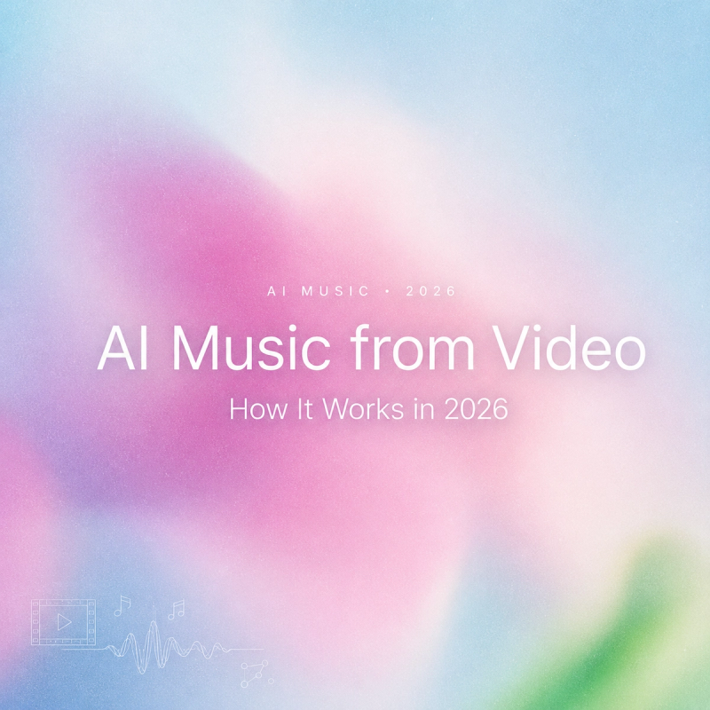 A colorful pastel background featuring the text AI Music from Video How It Works in 2026.