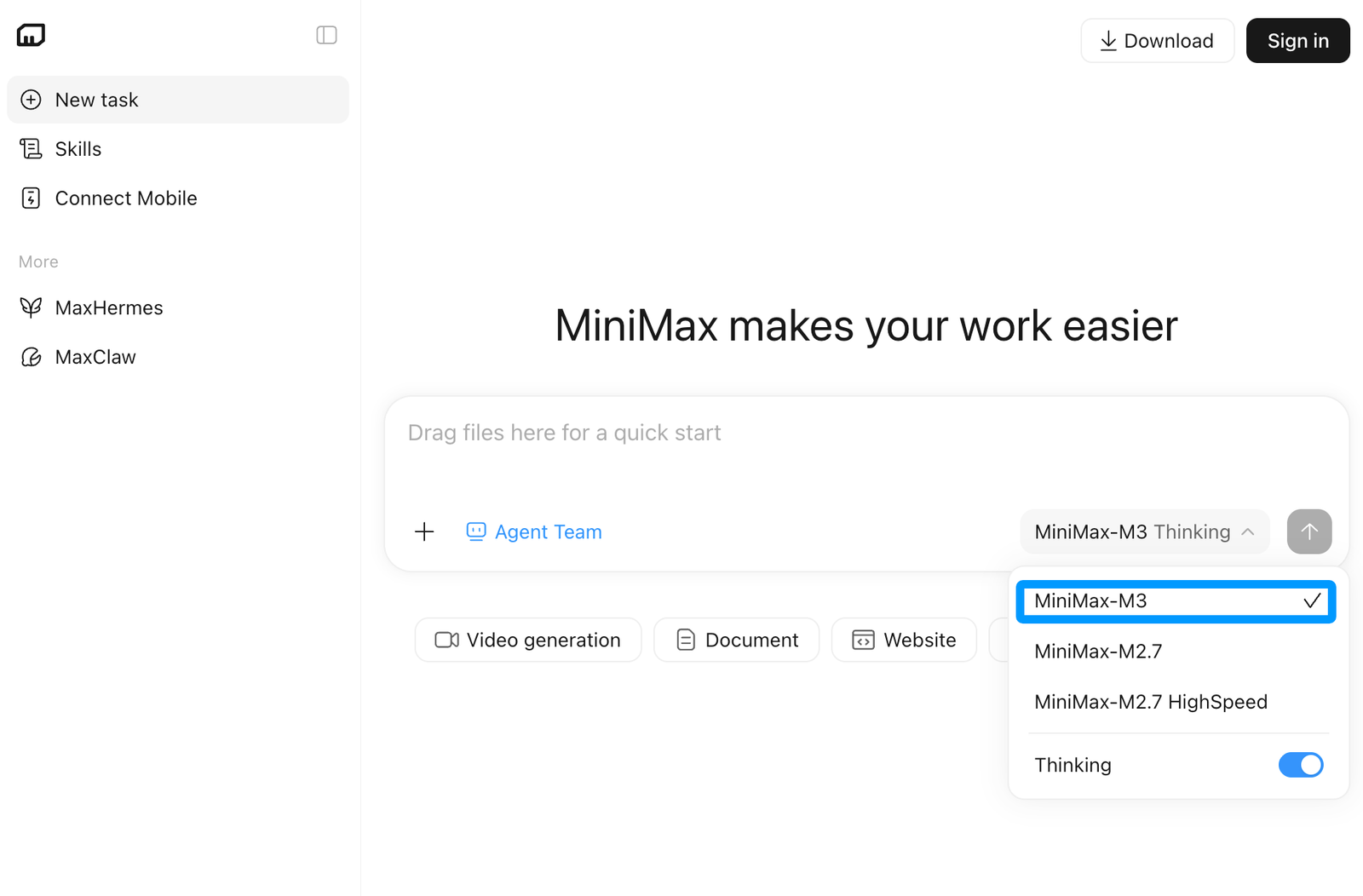 Screenshot of the MiniMax UI where a user selects the 'MiniMax-M3' model, a primary subject in MiniMax Music 3 vs video-to-music AI discussions.