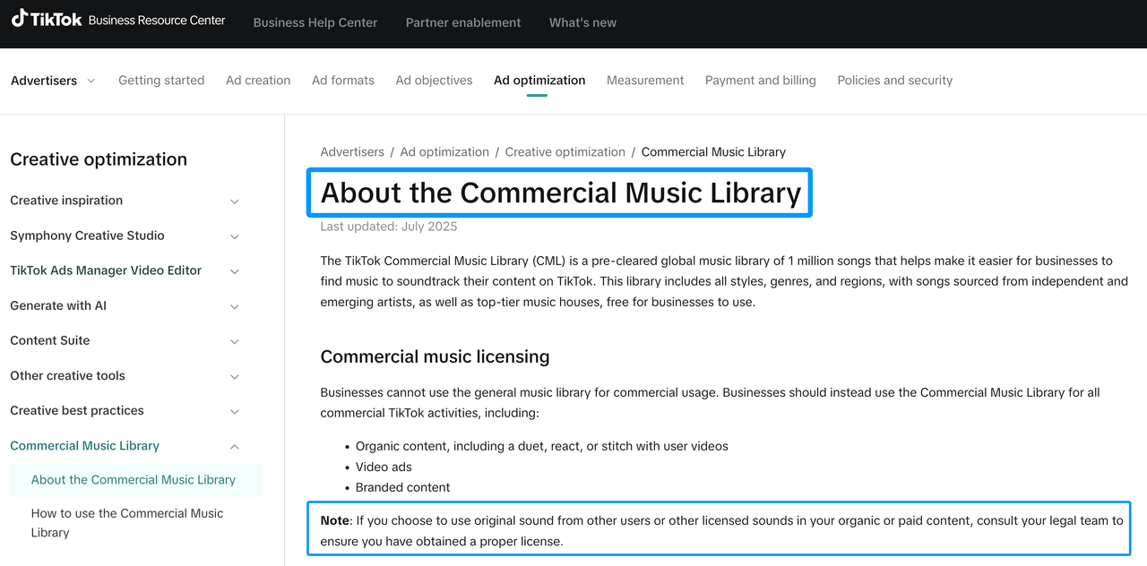 TikTok Business Resource Center page detailing licensing rules for commercial and funny sound effects for videos.