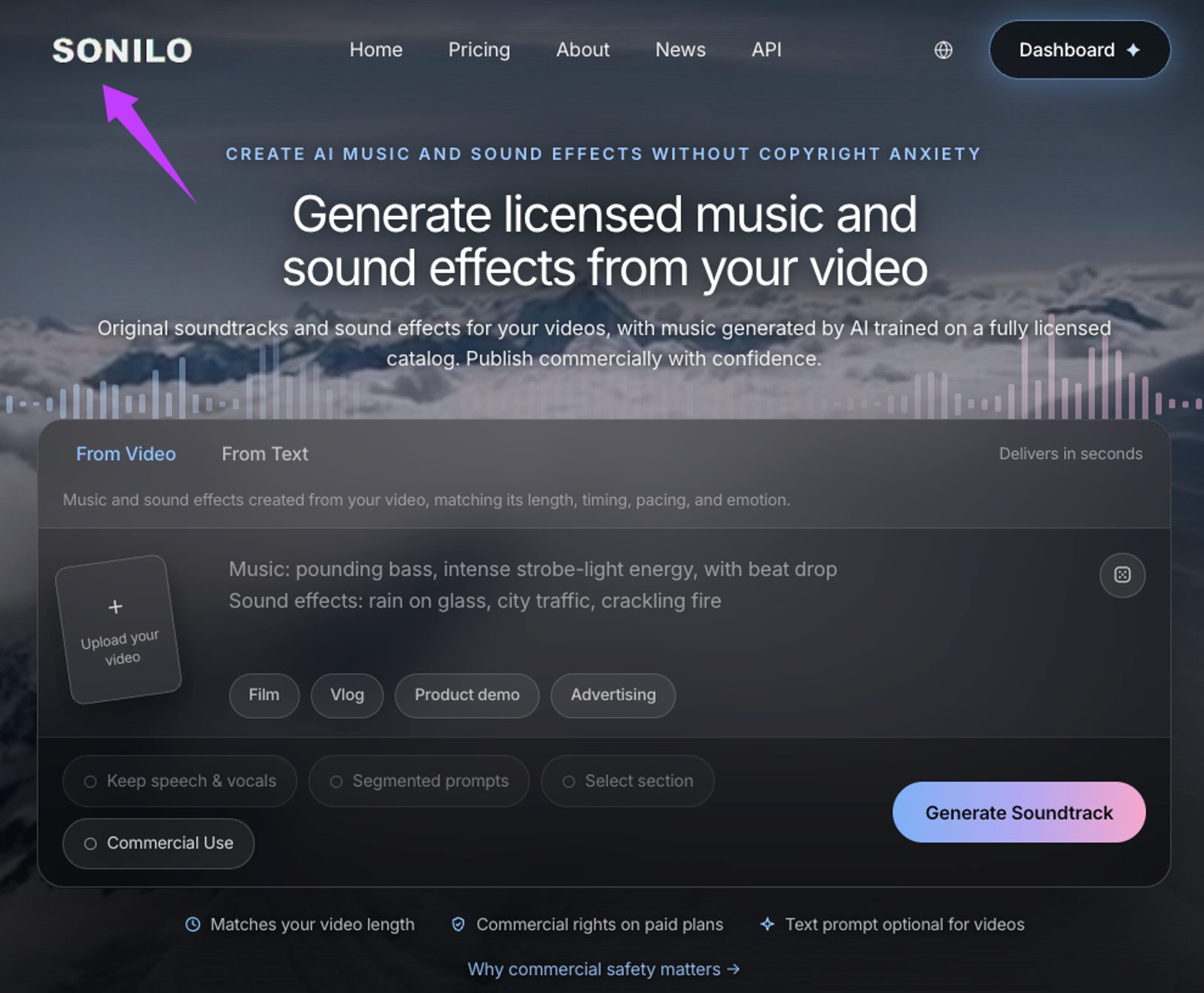 Generate custom, copyright-free highlight video music and sound effects directly from your uploads using Sonilo AI.