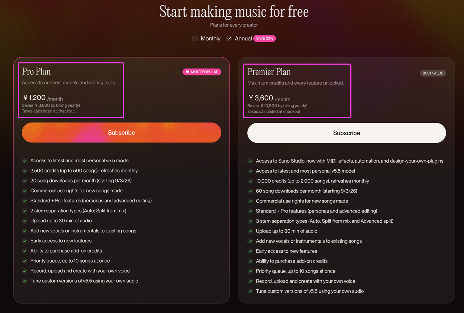 Suno AI pricing page showing commercial use rights to help answer is suno ai safe.