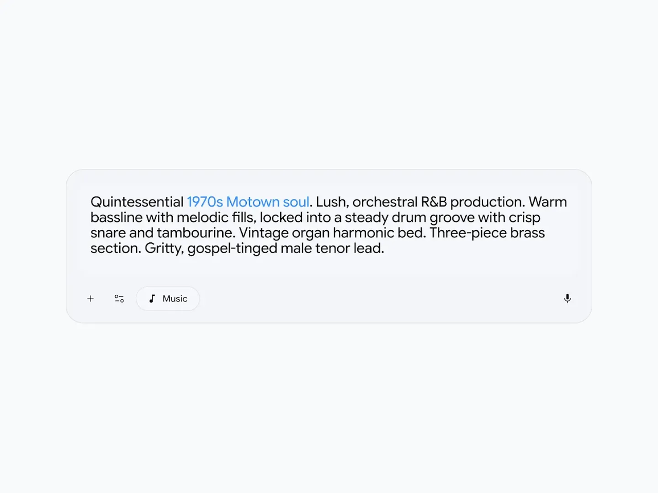 Text prompt example generating Motown soul music with lyria 3 pro video creators use for soundtracks.