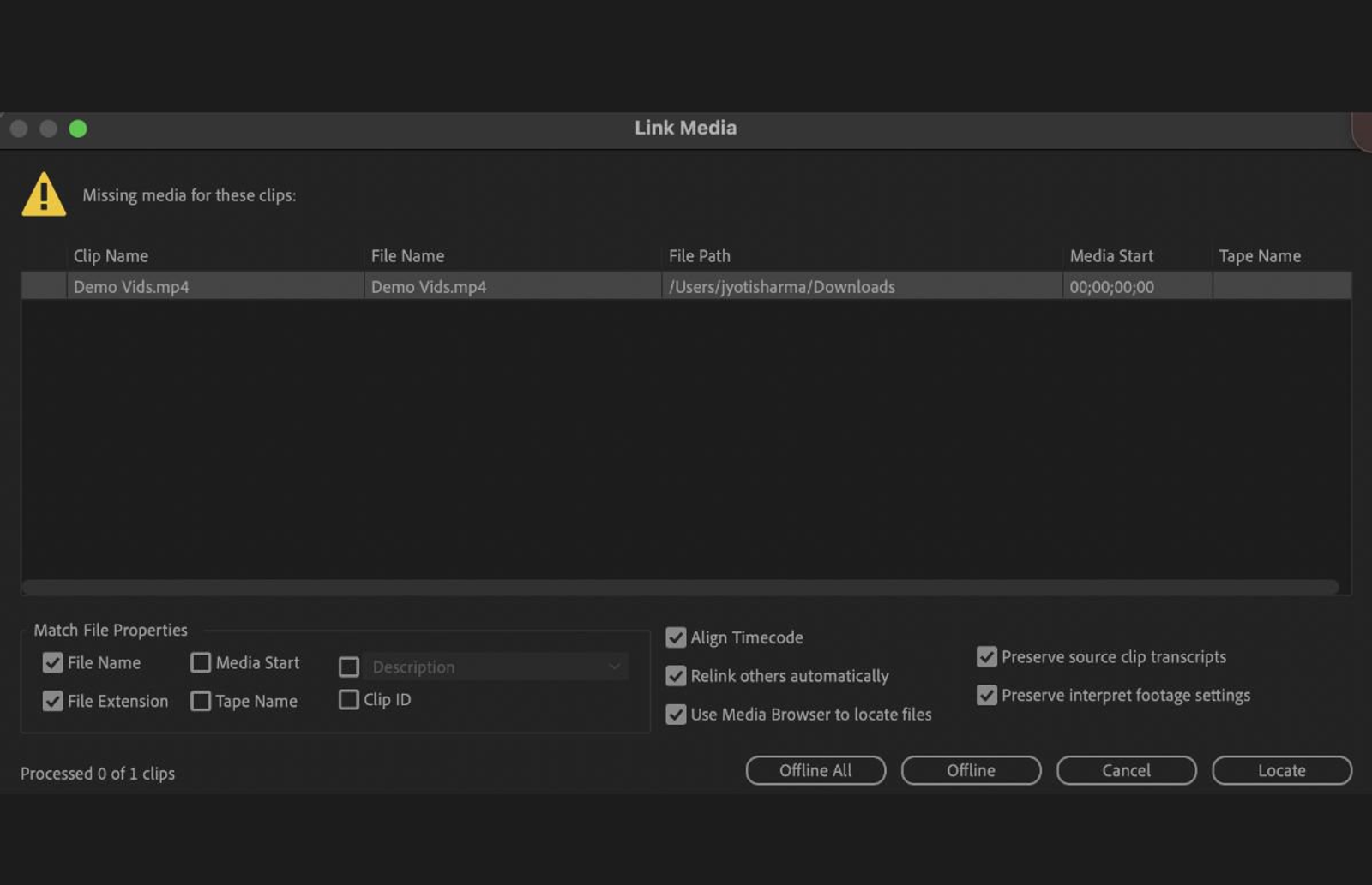 Adobe Premiere Pro Link Media dialog box displaying a missing media warning for Demo Vids.mp4 with options to locate or relink missing assets.