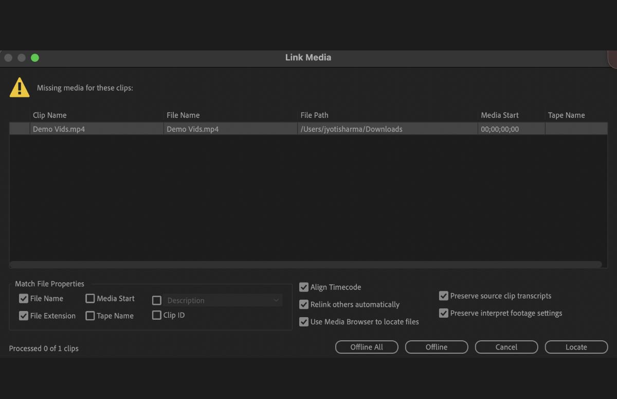 Adobe Premiere Pro Link Media dialog box displaying a missing media warning for Demo Vids.mp4 with options to locate or relink missing assets.